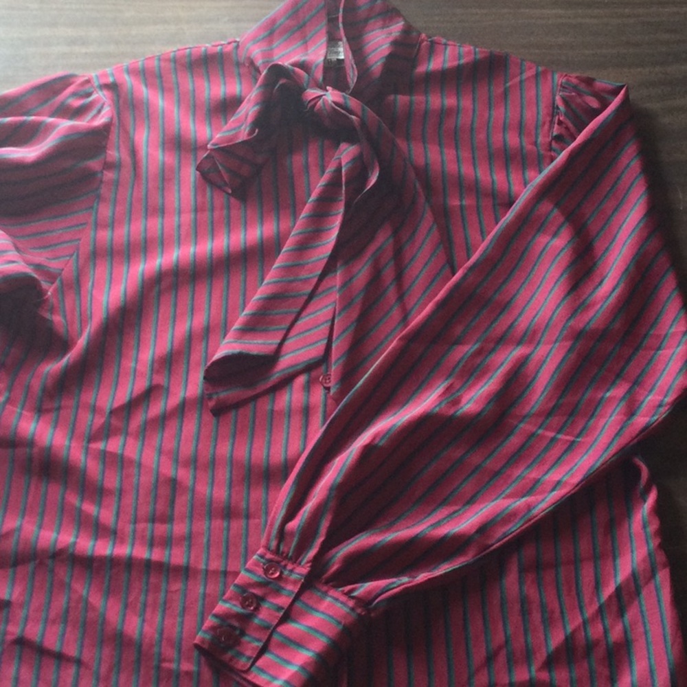 Villager Size 8 Polyester Ruby Red with gray/black Slimming Vertical Stripes.